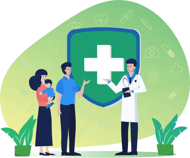 Illustration: a physician and a family in front of a shield with a cross