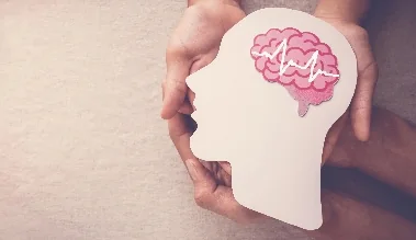 Head silhouette with a brain symbol – stimulation therapies VNS and DBS